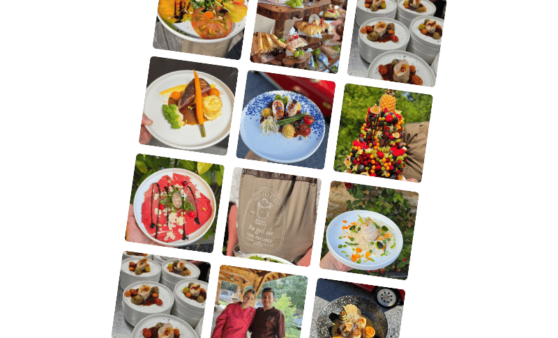 Mosaïque de photos culinaires du restaurant éphémère d'automne au Domaine de l'Ambassadeur, plats du traiteur Au Gré de vos Envies